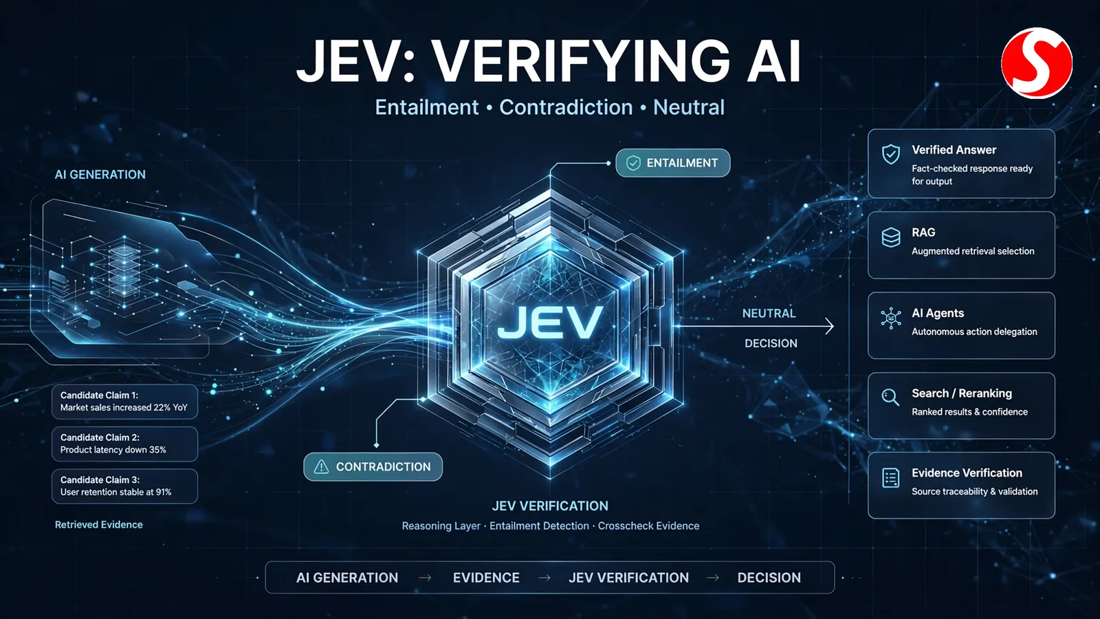JEV AI verification architecture showing entailment, contradiction, neutral classification, RAG, and AI agents